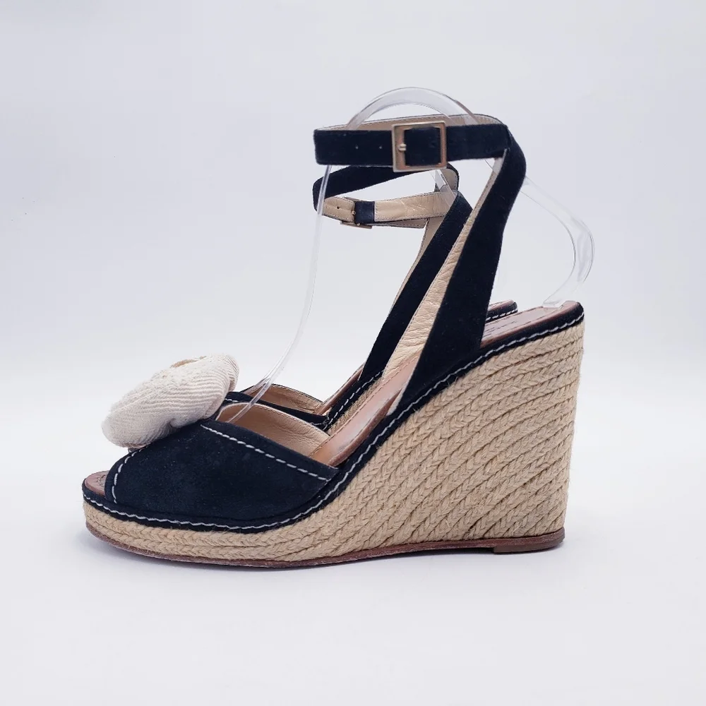 Kate Spade Brit Wedge Espadrille Sandal Black Suede Cream Rosette Twill Size 9.5